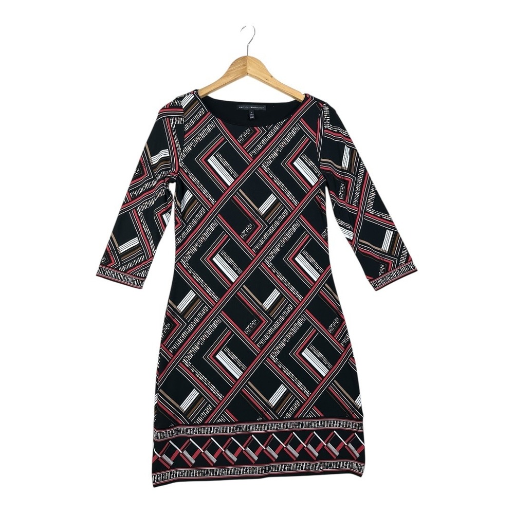 White House Black Market Geometric Print Half Sleeve Dress size Small Black/Red